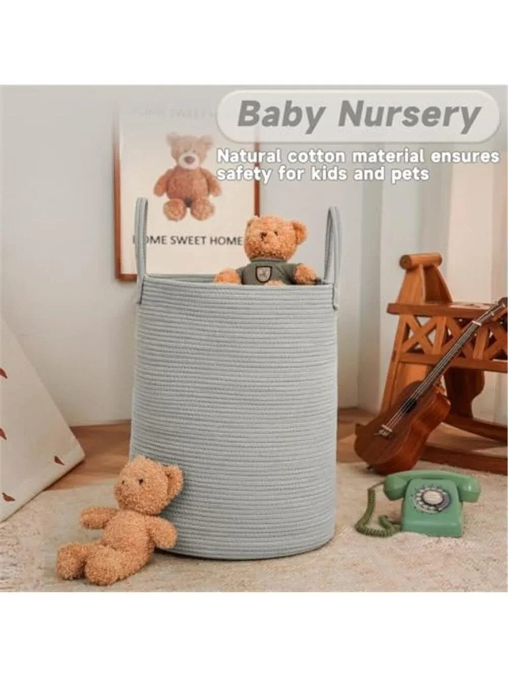 New 60L Cotton Rope Laundry Basket Hamper, Grey